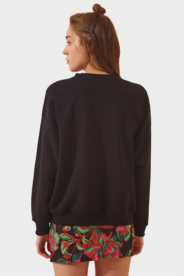 Kadın Siyah Bol Kesim Oversize Sweatshirt 5173_2010 - 3