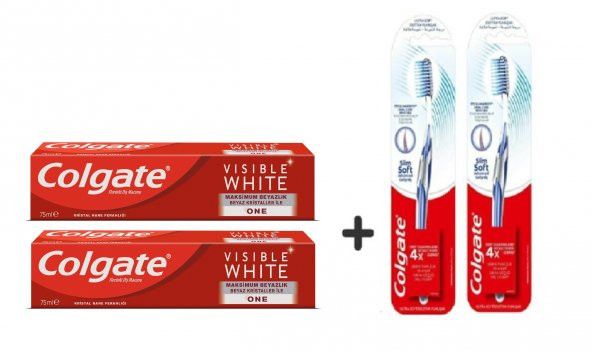 Colgate Visible White Maksimum Beyazlık Diş Macunu 75 ml 2 Adet + 2 Adet Diş Fırçası Slim Soft
