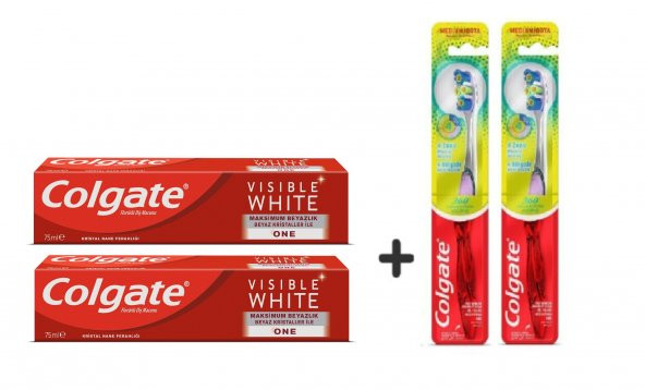 Colgate Visible White Maksimum Beyazlık Diş Macunu 75 ml + 2 Adet 360 Gelişmiş 4 Yönlü Diş Fırçası