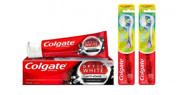 Optic White Aktif Kömür Diş Macunu 50 ml + 2 Adet 360 Gelişmiş 4 Yönlü Diş Fırçası