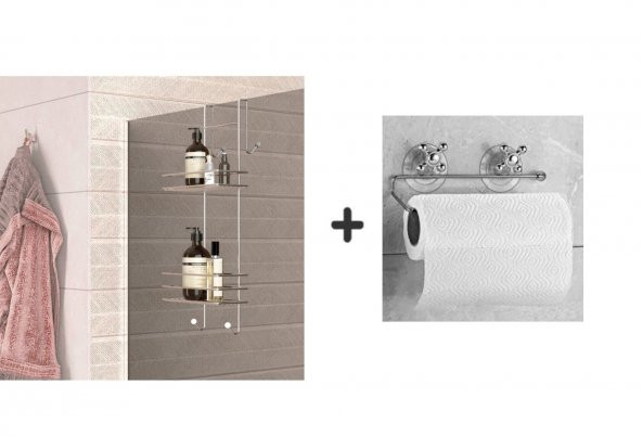 Duşakabin Banyo Rafı Şampuanlık Krom Paslanmaz 2 Katlı Askılı + Vakumlu Krom Duvar Kağıt Havlu Askı