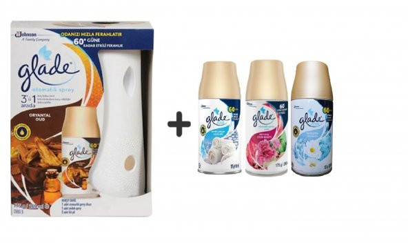 Glade Otomatik Sprey x Oryantal Oud x Temiz Çarşaf Meyve& Çiçek Buketi x Temizliğin Ferahlı 3x269Ml