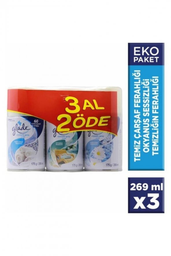 Otomatik Yedek Sprey Temiz Çarşaf Ferahlığı + Okyanus Sessizliği + Temizliğin Ferahlığı 3x269 Ml