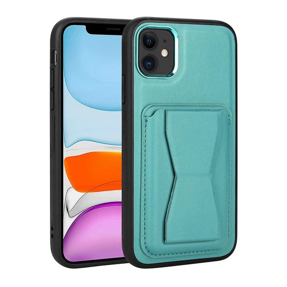 Vendas iPhone 11 Uyumlu ( iPhone 11 ) Kartlıklı Standlı Silikon Kenarlı Metal Kamera çerçeveli Pu Deri Kılıf - 12