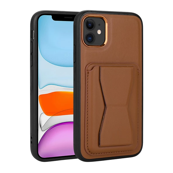 Vendas iPhone 12 Uyumlu ( iPhone 12 ) Kartlıklı Standlı Silikon Kenarlı Metal Kamera çerçeveli Pu Deri Kılıf - 6