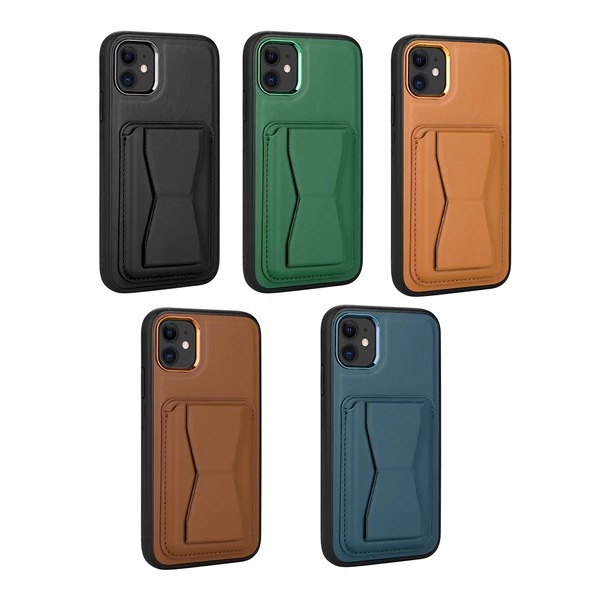 Vendas iPhone 12 Uyumlu ( iPhone 12 ) Kartlıklı Standlı Silikon Kenarlı Metal Kamera çerçeveli Pu Deri Kılıf - 7