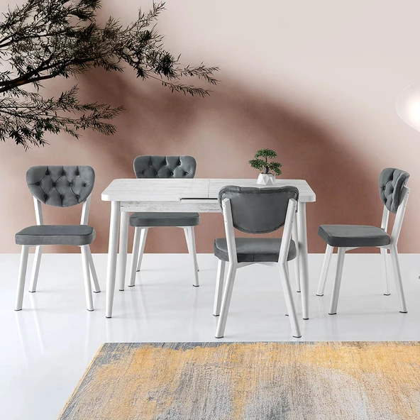 Silva Açılır Masa Kristal +4 Adet Simge Metal Sandalye Takım - 6