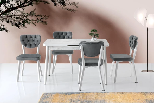 Silva Açılır  Masa Kristal +4 Adet Simge Metal Sandalye Takım