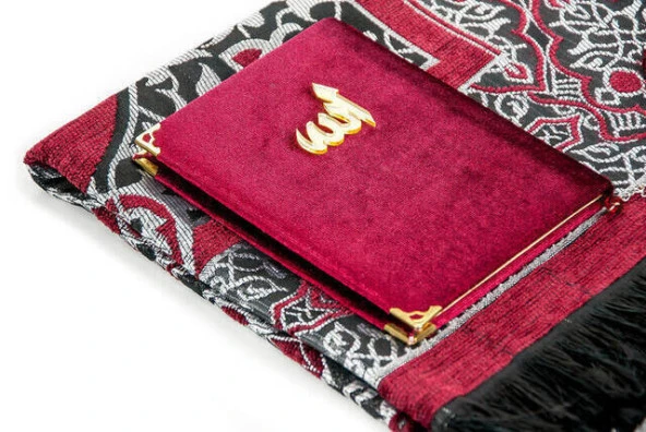 Kadife Kaplı Yasin Seccade Tesbih Kutulu Set Bordo - 3