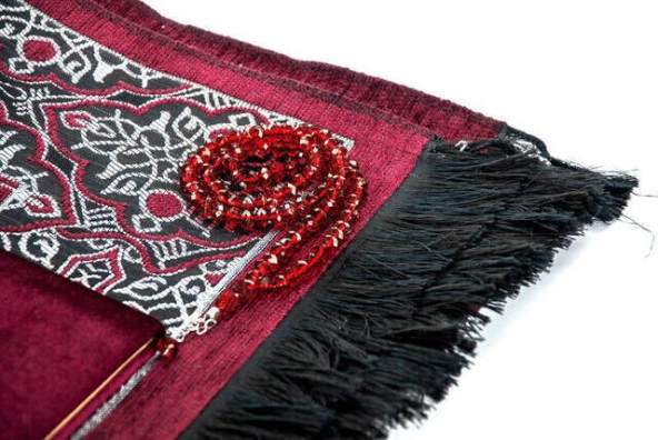 Kadife Kaplı Yasin Seccade Tesbih Kutulu Set Bordo - 4