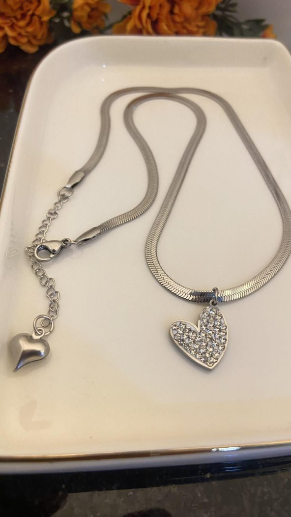 Aksesuar Çarşısı İtalyan Zincir Kalp Detaylı Silver Kolye - Resim 2