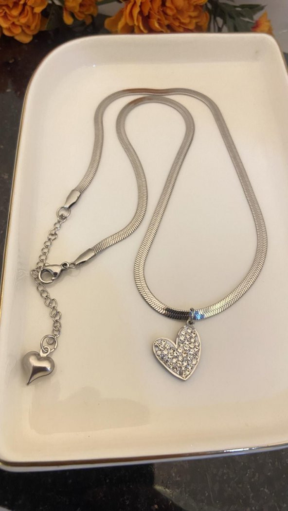 Aksesuar Çarşısı İtalyan Zincir Kalp Detaylı Silver Kolye - Resim 3