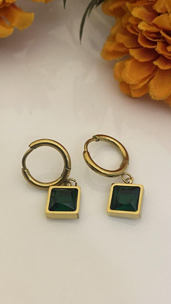 Aksesuar Çarşısı Yeşil Kare Zirkon Taşlı  Küpe Gold Renk - Resim 3