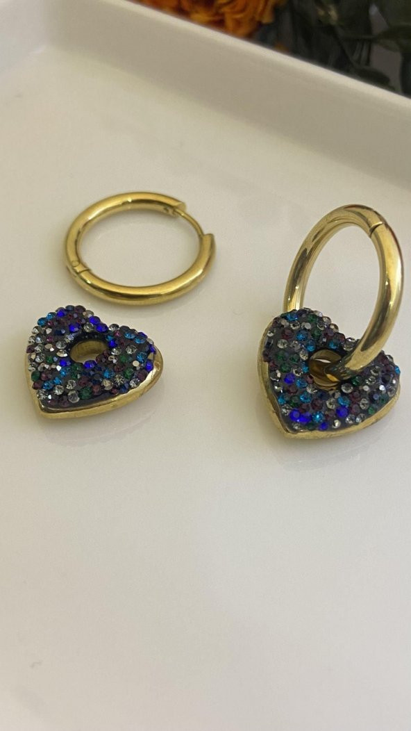 Aksesuar Çarşısı Renkli Taşlı Kalp Küpe - Resim 3