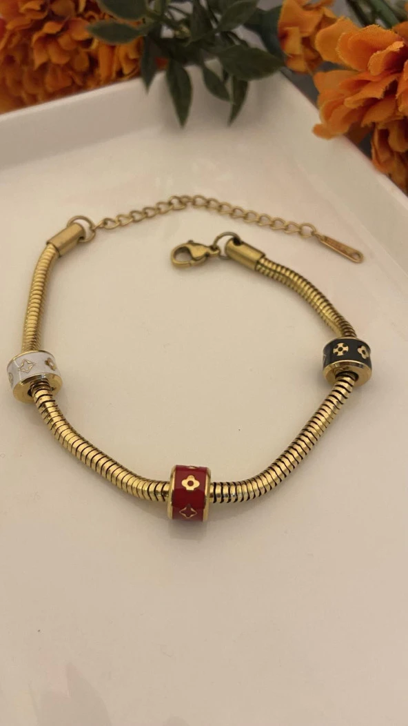 Aksesuar Çarşısı 316L Çelik Burgu Zincir Renkli Mineli Topcuk Bileklik ürün görseli