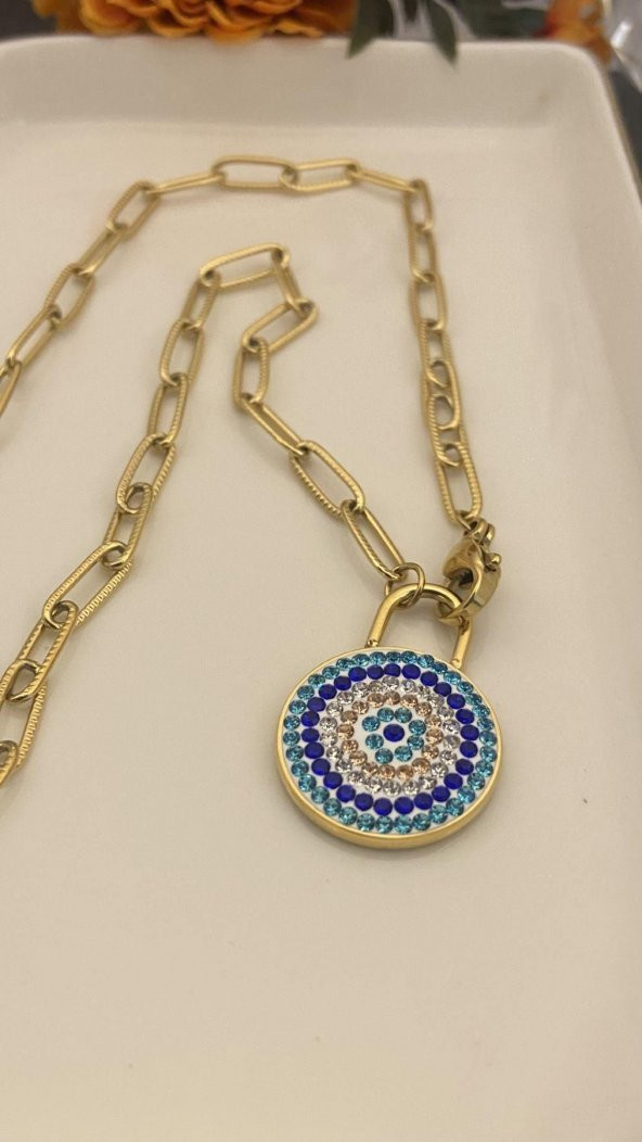 Aksesuar Çarşısı Kilit Figür Nazar Boncuk Çelik Gold Kolye
