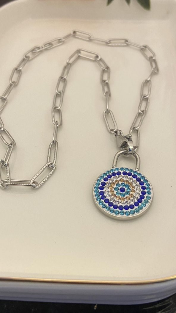 Aksesuar Çarşısı Kilit Figür Nazar Boncuk Çelik Silver Kolye