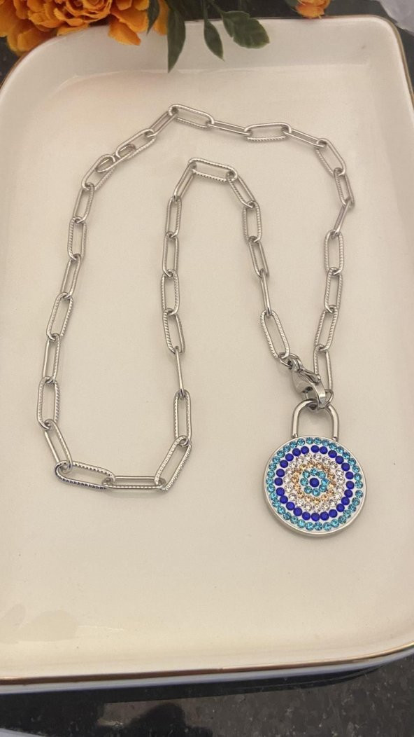 Aksesuar Çarşısı Kilit Figür Nazar Boncuk Çelik Silver Kolye - 3