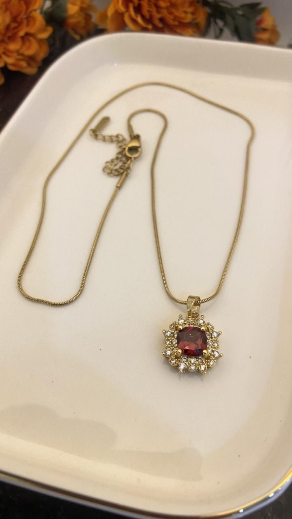 Aksesuar Çarşısı Kırmızı Zirkon Taşlı Gold Kolye - 3