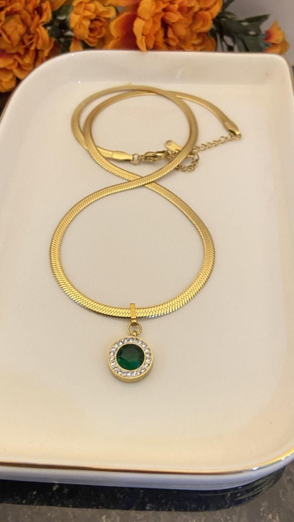 Aksesuar Çarşısı İtalyan Zincir Yeşil Taş Uçlu Gold Kolye - 3
