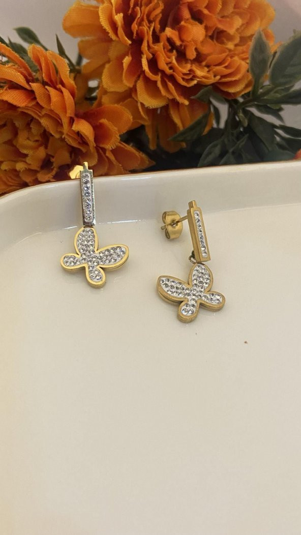 Aksesuar Çarşısıirkon Taşlı Kelebek Küpe Gold ürün görseli