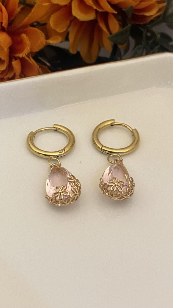 Aksesuar Çarşısı Pembe Damla Taş Küpe - 2