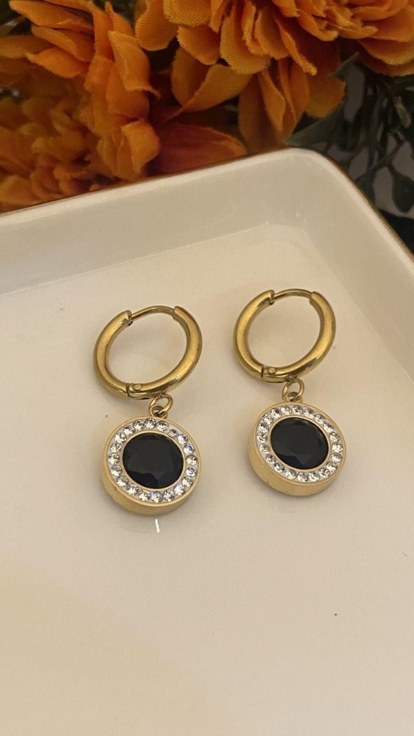 Aksesuar Çarşısı Siyah Yuvarak Taş Küpe - Resim 2