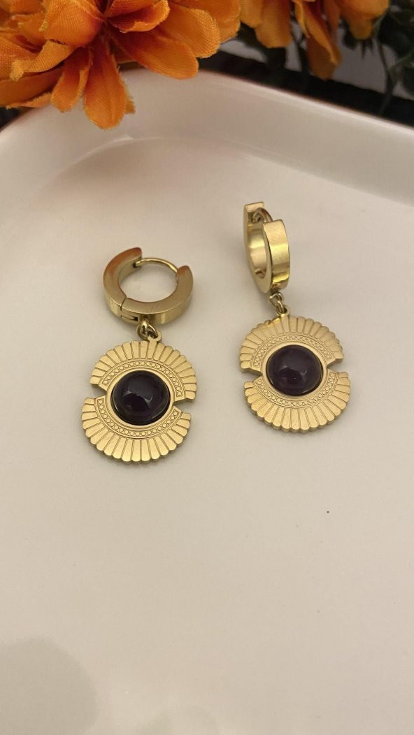 Aksesuar Çarşısı Vintage Mor Taşlı Küpe - Resim 2