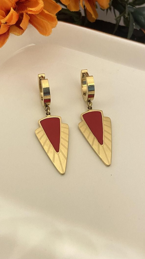 Aksesuar Çarşısı Üçgen Figurlu Kırmızı Mineli Küpe - Resim 2