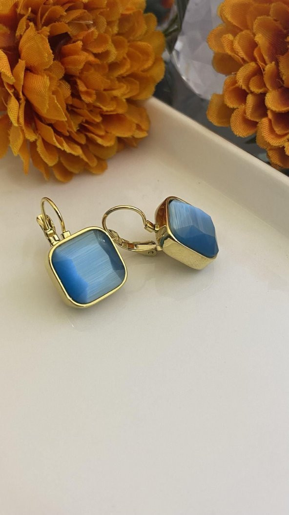 Aksesuar Çarşısı Mavi Kare Kesim Taş Küpe - Resim 3