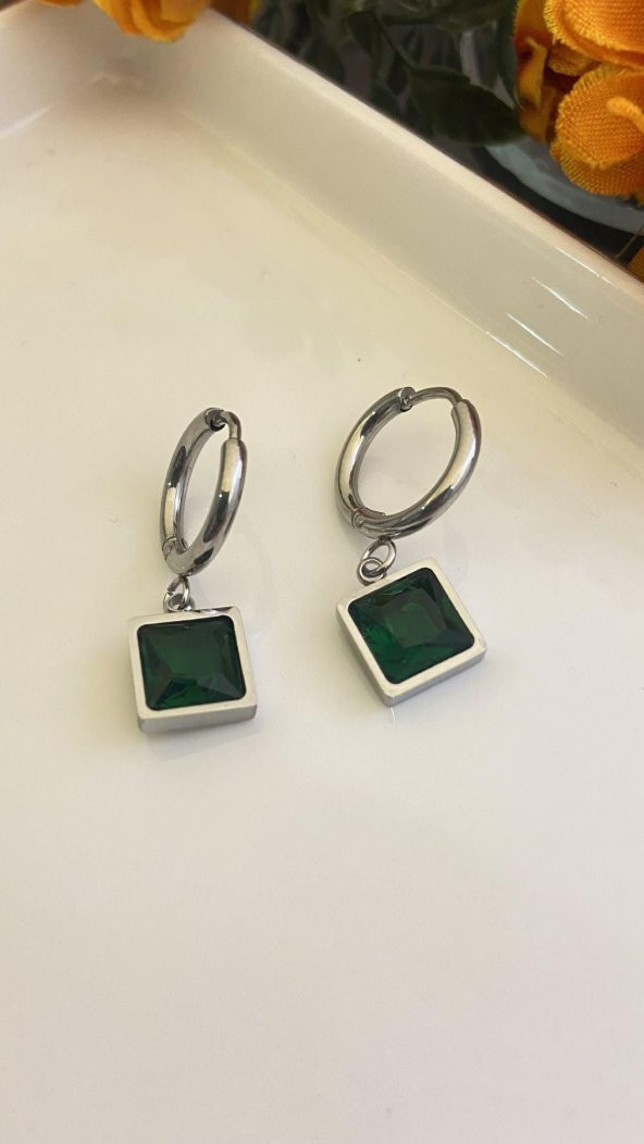 Aksesuar Çarşısı Yeşil Kare Zirkon Taşlı  Küpe Silver Renk - Resim 2