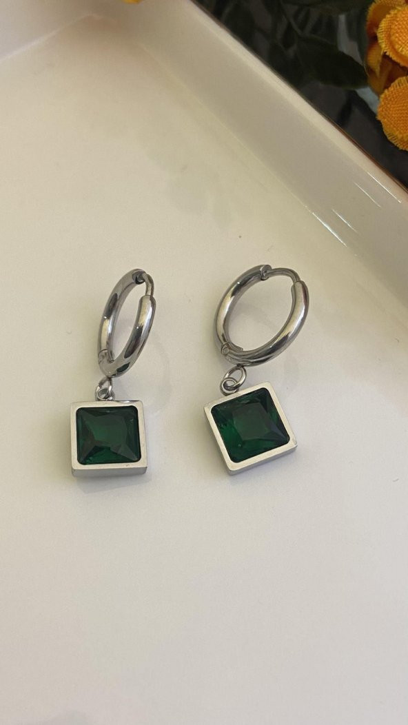 Aksesuar Çarşısı Yeşil Kare Zirkon Taşlı  Küpe Silver Renk - Resim 3