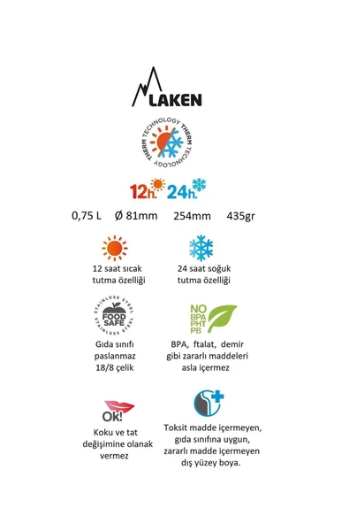 Laken Çelik 18/8 Bardak Kapaklı Termos Şişe 0,75L - Mavi LK1875A - 2