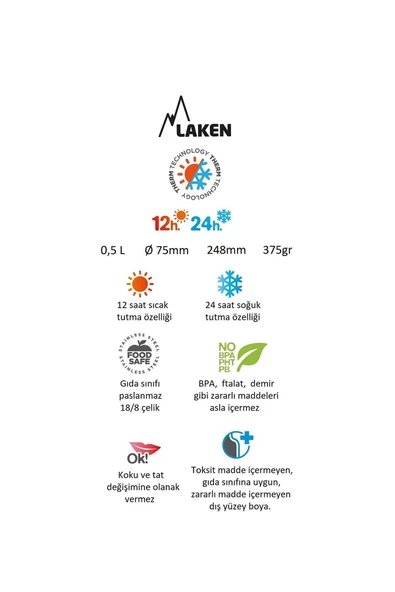 Laken Çelik 18/8 Bardak Kapaklı Termos Şişe 0,50L - Kırmızı LK1850R - 2