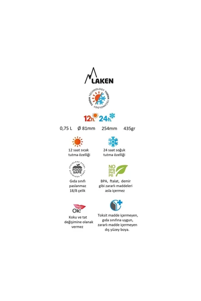 Laken Çelik 18/8 Bardak Kapaklı Termos Şişe 0,75L - Haki LK1875K - 2