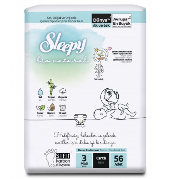 Sleepy Bebek Bezi Bio Natural Beden:3 (4-9KG) Midi 56 Adet Jumbo Pk