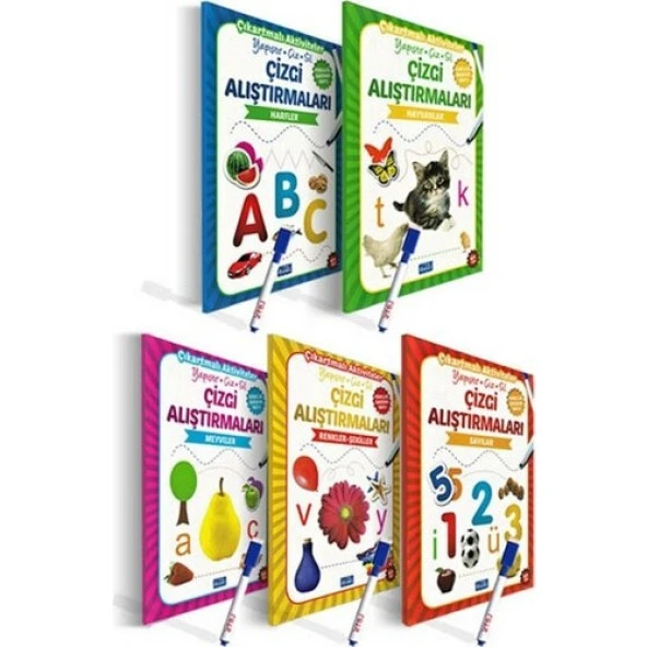 Çizgi Alıştırmaları Seti 5 Kitap + Yaz Sil Kalem (Hayvanlar+Sayılar+Harfler+Renkler+Meyveler)