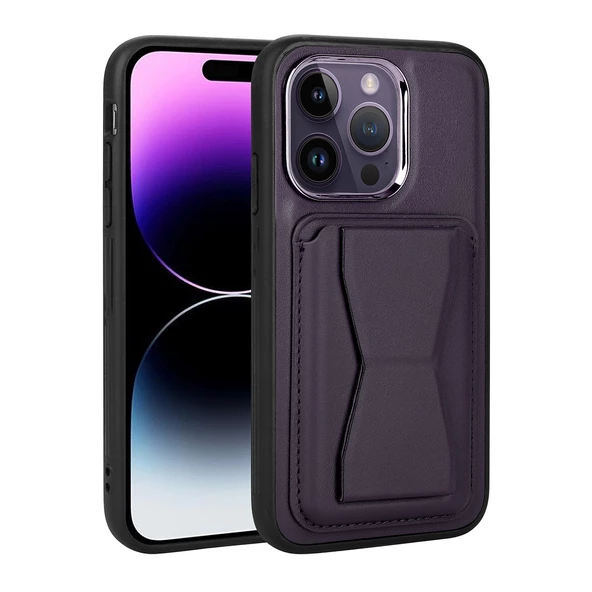 iPhone 14 Pro Max Kılıf Kartlıklı Standlı ​Suni Deri Memo Kılıf - 6