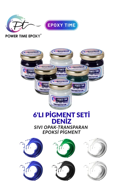 POWER TIME EPOXY 6lı Opak & Transparan Sıvı Pigment Boya Seti / Epoksi Için Deniz Seti / 6 Adet Epoksi Boyası ürün görseli 1