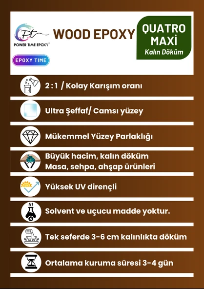 POWER TIME EPOXY 7.5 Kg Wood Epoxy Quatro Maxi/ Kalın Döküm Ultra Şeffaf ve Parlak Epoksi Reçine Sehpa, Masa Için (yeni) - 2