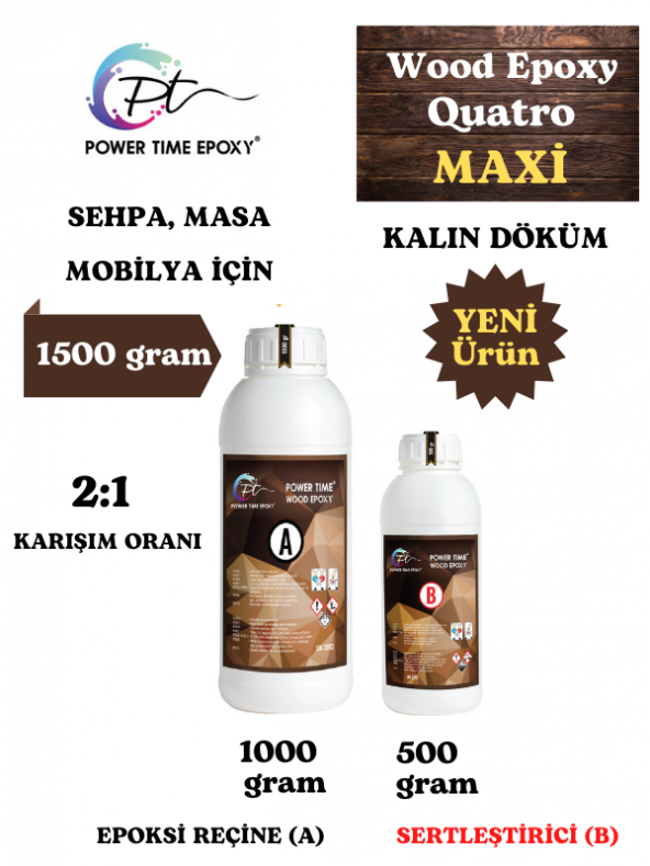 POWER TIME EPOXY 1500 gram Wood Epoxy Quatro Maxi/ Kalın Döküm Şeffaf Epoksi Reçine Sehpa, Masa Için (YENİ)