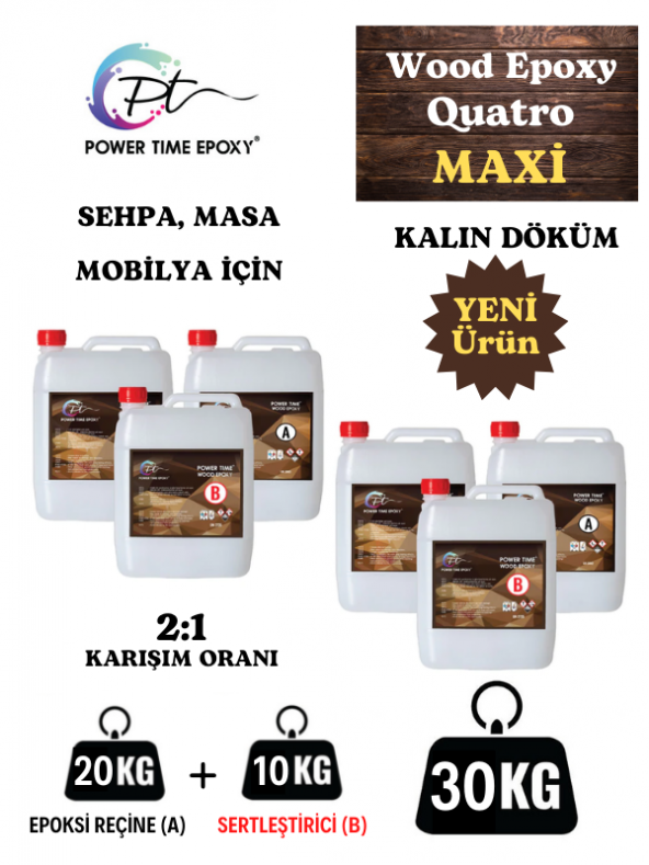 POWER TIME EPOXY 30 Kg Wood Epoxy Quatro Maxi/ Kalın Döküm Şeffaf Epoksi Reçine Sehpa, Masa Için (YENİ)