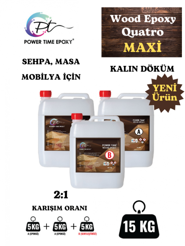 POWER TIME EPOXY 15 Kg Wood Epoxy Quatro MAXİ/ Kalın Döküm Şeffaf Epoksi Reçine Sehpa, Masa Için (YENİ)