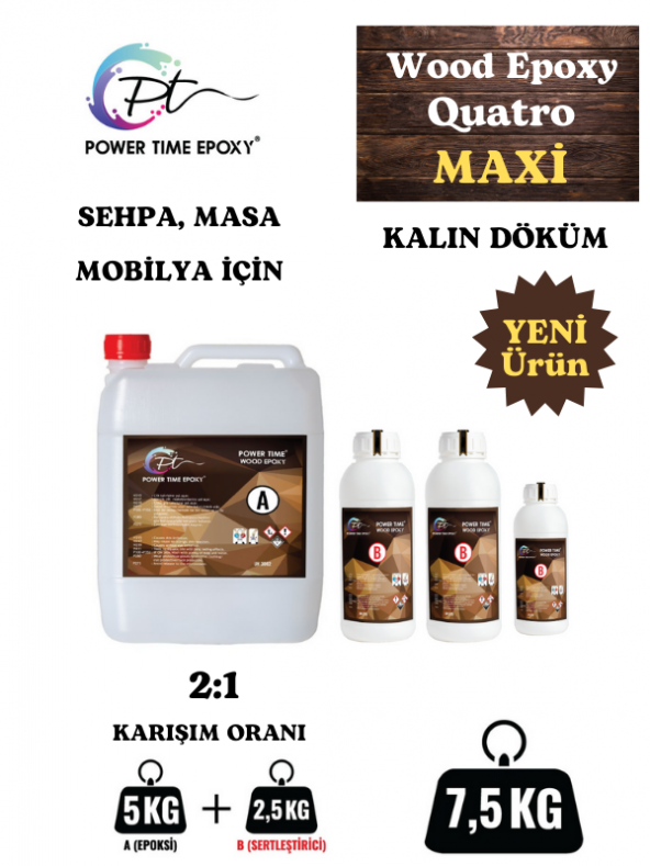 POWER TIME EPOXY 7.5 Kg Wood Epoxy Quatro Maxi/ Kalın Döküm Şeffaf Epoksi Reçine Sehpa, Masa Için (YENİ)