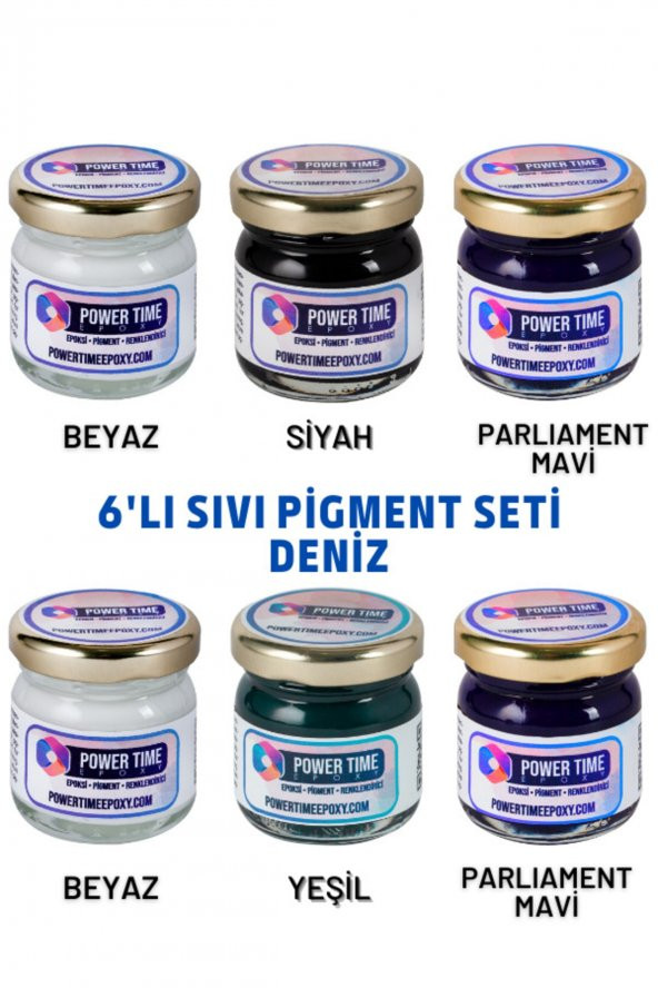 POWER TIME EPOXY 6lı Opak & Transparan Sıvı Pigment Boya Seti / Epoksi Için Deniz Seti / 6 Adet Epoksi Boyası