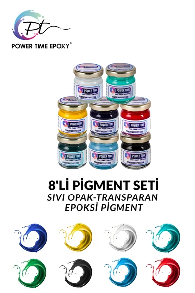 POWER TIME EPOXY 8li Opak & Transparan Sıvı Pigment Boya Seti / Epoksi Için / Toplam 240 Gram ürün görseli 1