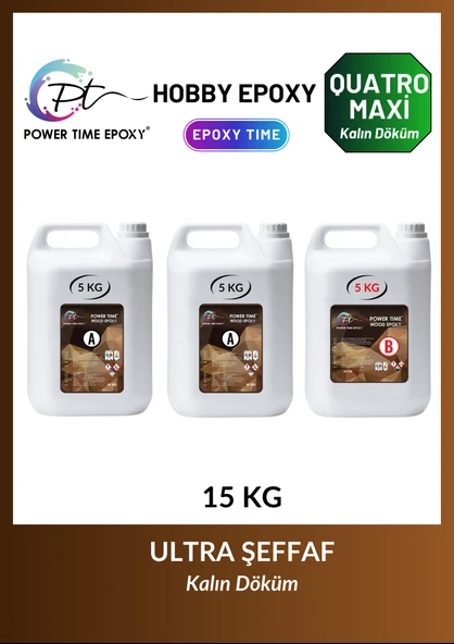 POWER TIME EPOXY 15 Kg Wood Epoxy Quatro MAXİ/ Kalın Döküm Ultra Şeffaf ve Parlak Epoksi Reçine Sehpa, Masa Için (yeni) ürün görseli 1