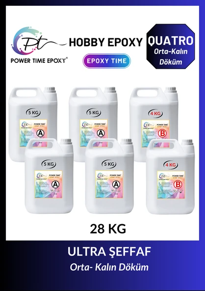 POWER TIME EPOXY 28 kg Hobby Epoxy Quatro/ Kalın Döküm Ultra Şeffaf ve Parlak Epoksi Reçine 3-5 cm Kalınlıkta Döküm ürün görseli 1