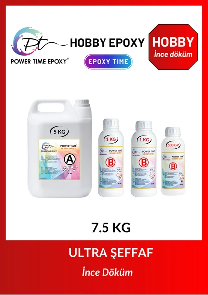 POWER TIME EPOXY 7.5 Kg Hobby Epoxy/ Ultra Şeffaf ve Parlak Epoksi Reçine Ince Döküm ürün görseli 1
