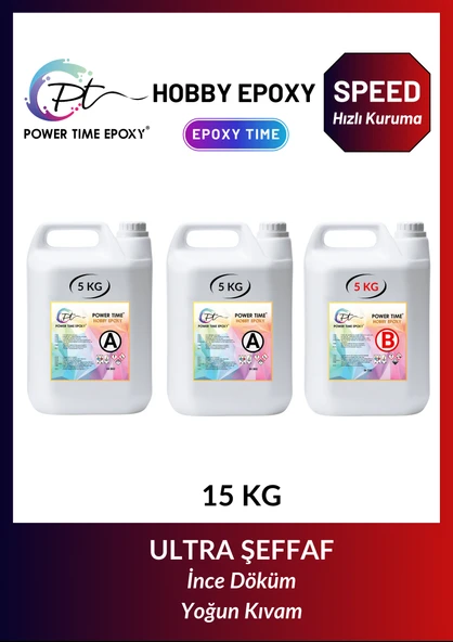 POWER TIME EPOXY 15 Kg Hobi Epoksi Speed/ Hızlı Kuruma/ Ultra Şeffaf ve Parlak Epoksi Reçine Ince Döküm Yoğun Kıvam ürün görseli 1